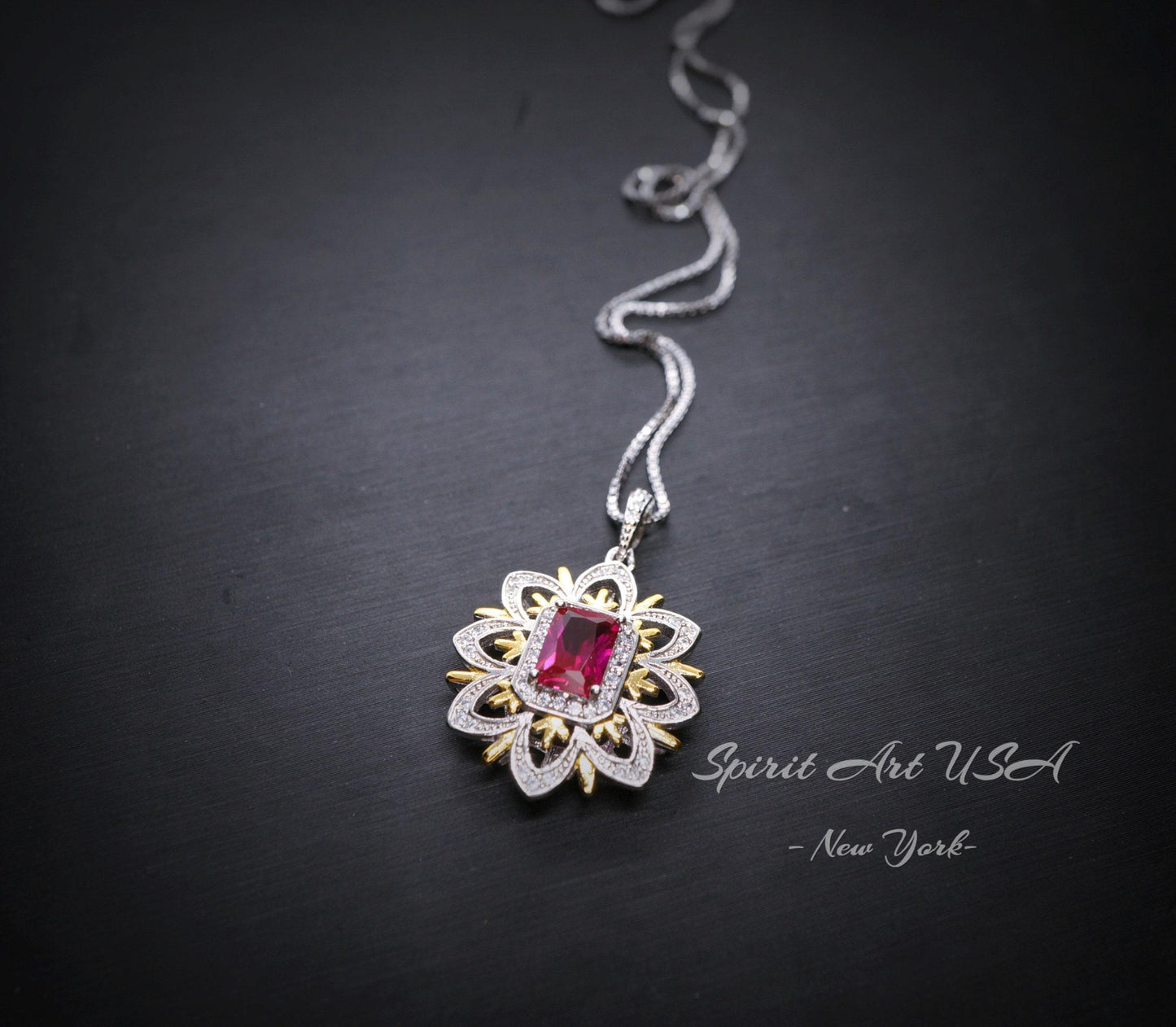Ruby Necklace -Water Lily Flower Pendant - White Plated Sterling Silver - 1 CT Ruby Pendant - Goddess Athena Necklace #560