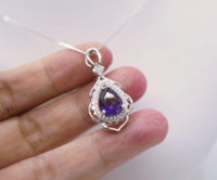 Genuine Amethyst Necklace, Purple Gemstone Flower Pendant White Gold coated Sterling Silver Natural Teardrop Amethyst Jewelry #711