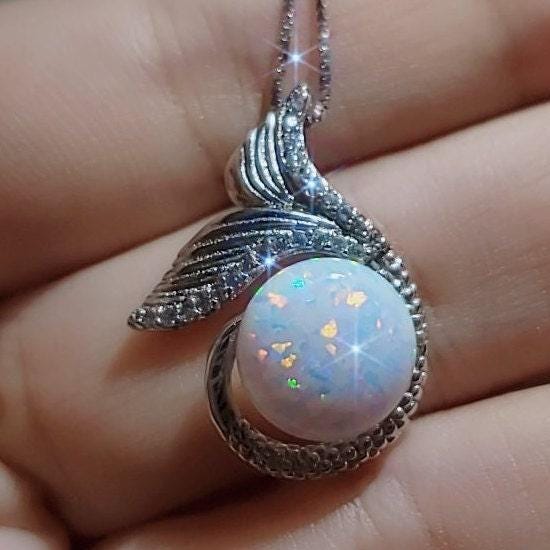 Gemstone Mermaid White Opal Necklace Sterling Silver White Gold Fish Tail Opal Pendant #935