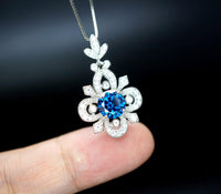 Blue Sapphire Necklace Gemstone Flower Style - 6mm Round Blue Sapphire Pendant - 18KGP @ Sterling Silver - September Birthstone #600