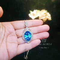 Large Blue Topaz Sterling Silver Necklace 14 ct Oval Swiss Blue Topaz Pendant Sim Gemstone White Gold Coat Royal Crown #918