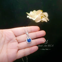 Round Blue Sapphire Gemstone Teardrop Necklace - Sterling Silver White Gold coated Sapphire Pendant #386