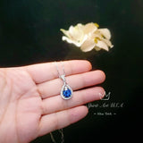 Round Blue Sapphire Gemstone Teardrop Necklace - Sterling Silver White Gold coated Sapphire Pendant #386