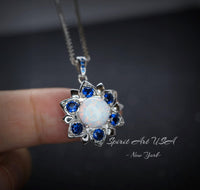 Opal Necklace - Blue Sapphire Star Flower Pendant - 18KGP @ Sterling Silver - October September Birthstone - White Fire Opal Jewelry #689