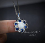 Opal Necklace - Blue Sapphire Star Flower Pendant - 18KGP @ Sterling Silver - October September Birthstone - White Fire Opal Jewelry #689