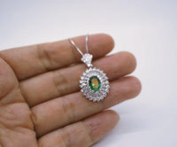Triple Gemstone Halo Emerald Necklace - 18KGP @ Sterling Silver - Oval Cut 1.5 CT Green Emerald Pendant #713