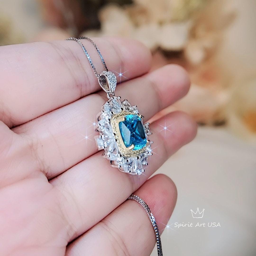 Blue Topaz Necklace 18kgp @ Sterling Silver Large Square Radiant Cut Halo 7 CT Blue Topaz Gemstone Pendant November Birthstone #808