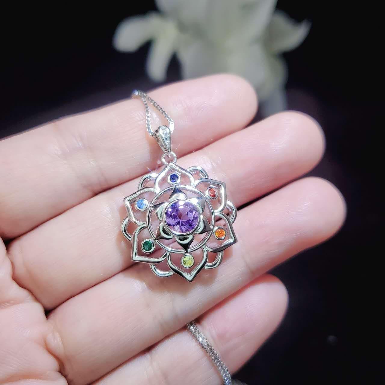 Amethyst Necklace - 7 Chakra Pendant - 18KG @ Sterling Silver - Genuine Natural Amethyst Jewelry - Flower Of Life Yoga Necklace #464