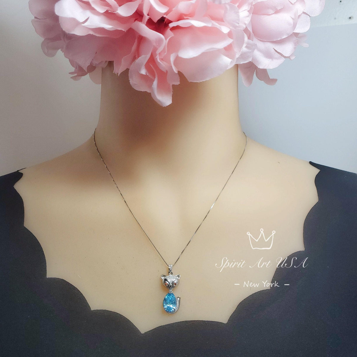 Aquamarine Necklace -Sterling Silver Fox Pendant - 2.5 CT Pendant Teardrop Pear Cut - Deep Sky Blue - Aquamarine Jewelry - 18KGP #442