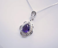 Genuine Amethyst Necklace, Purple Gemstone Flower Pendant White Gold coated Sterling Silver Natural Teardrop Amethyst Jewelry #711