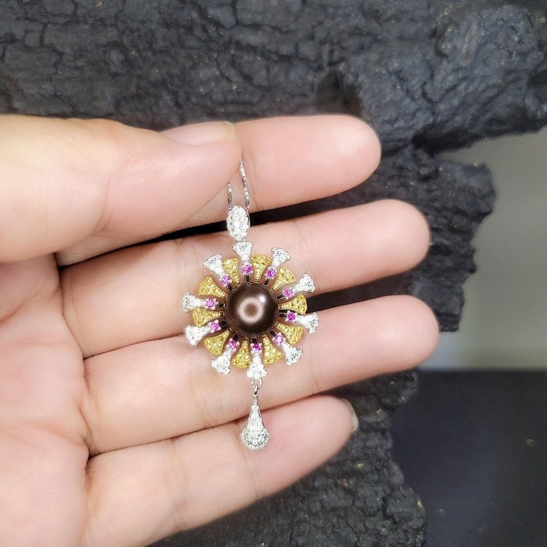 Black Pearl Necklace - 18KGP - Sterling Silver with Gold Sun Sunflower Style - Genuine Black Pearl Jewelry #742