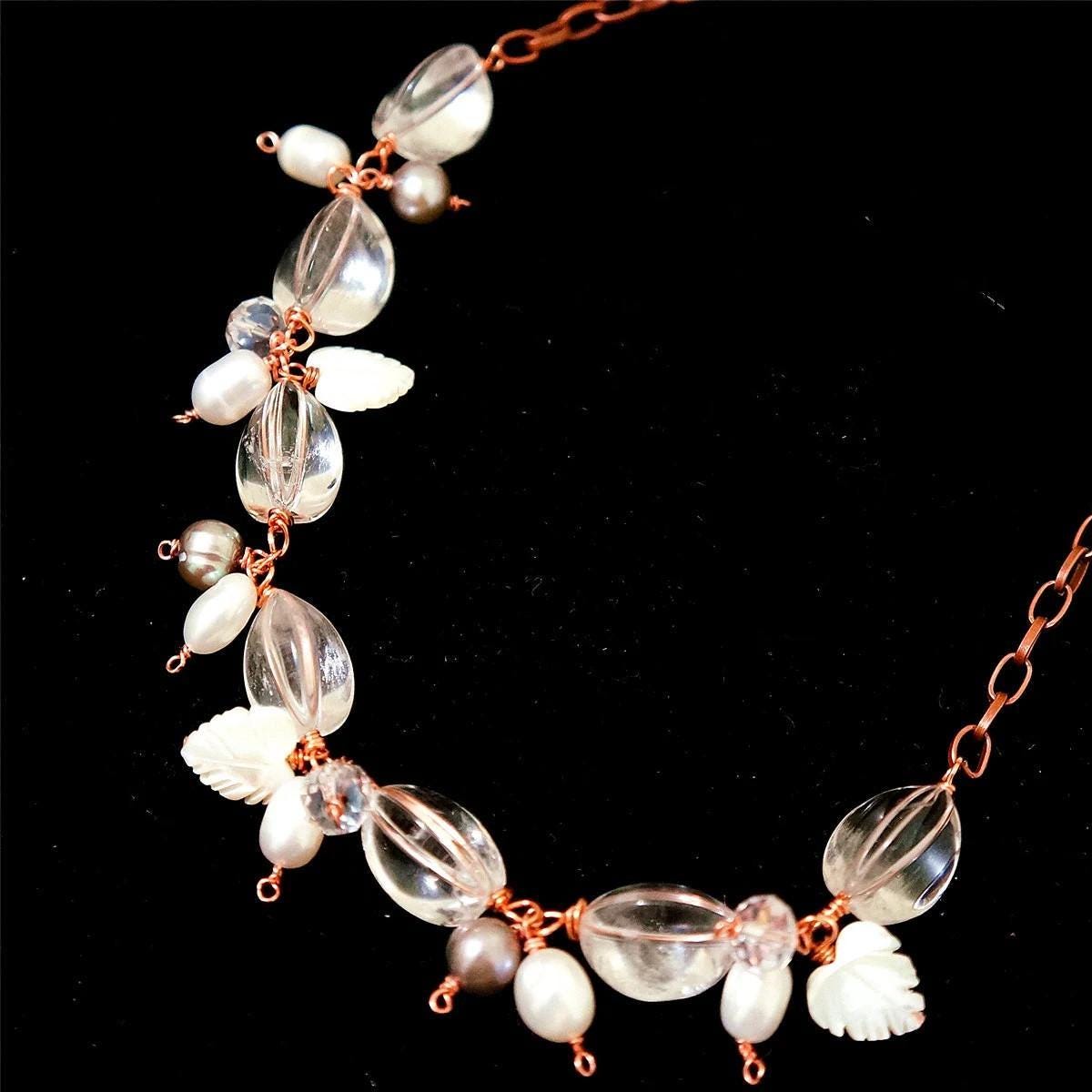 Clear Quartz Necklace Set - Bridal Necklace, Wedding Necklace, Crystal Stone healing Jewelry 19" antique chain copper