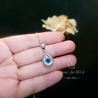 Round Blue Sapphire Gemstone Teardrop Necklace - Sterling Silver White Gold coated Sapphire Pendant #386