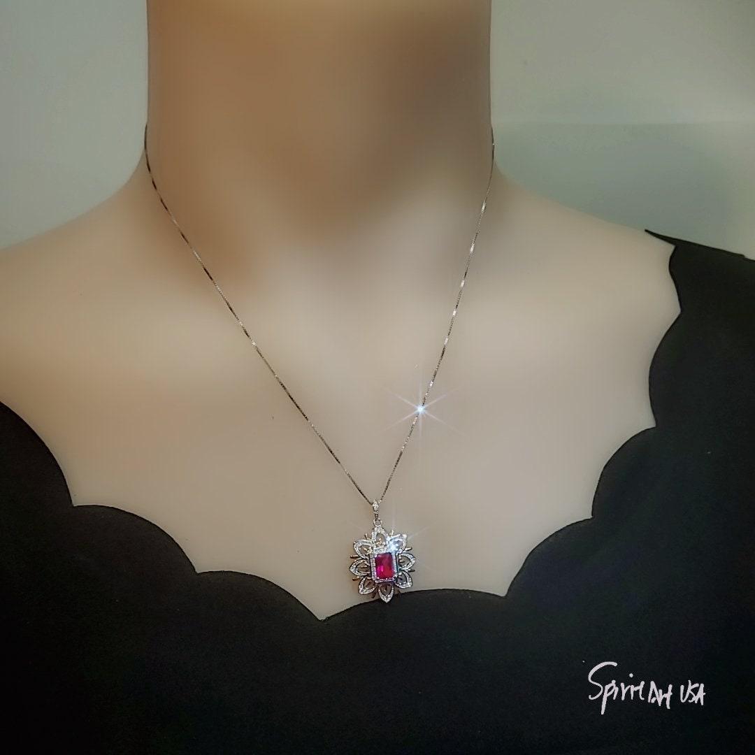 Ruby Necklace -Water Lily Flower Pendant - White Plated Sterling Silver - 1 CT Ruby Pendant - Goddess Athena Necklace #560