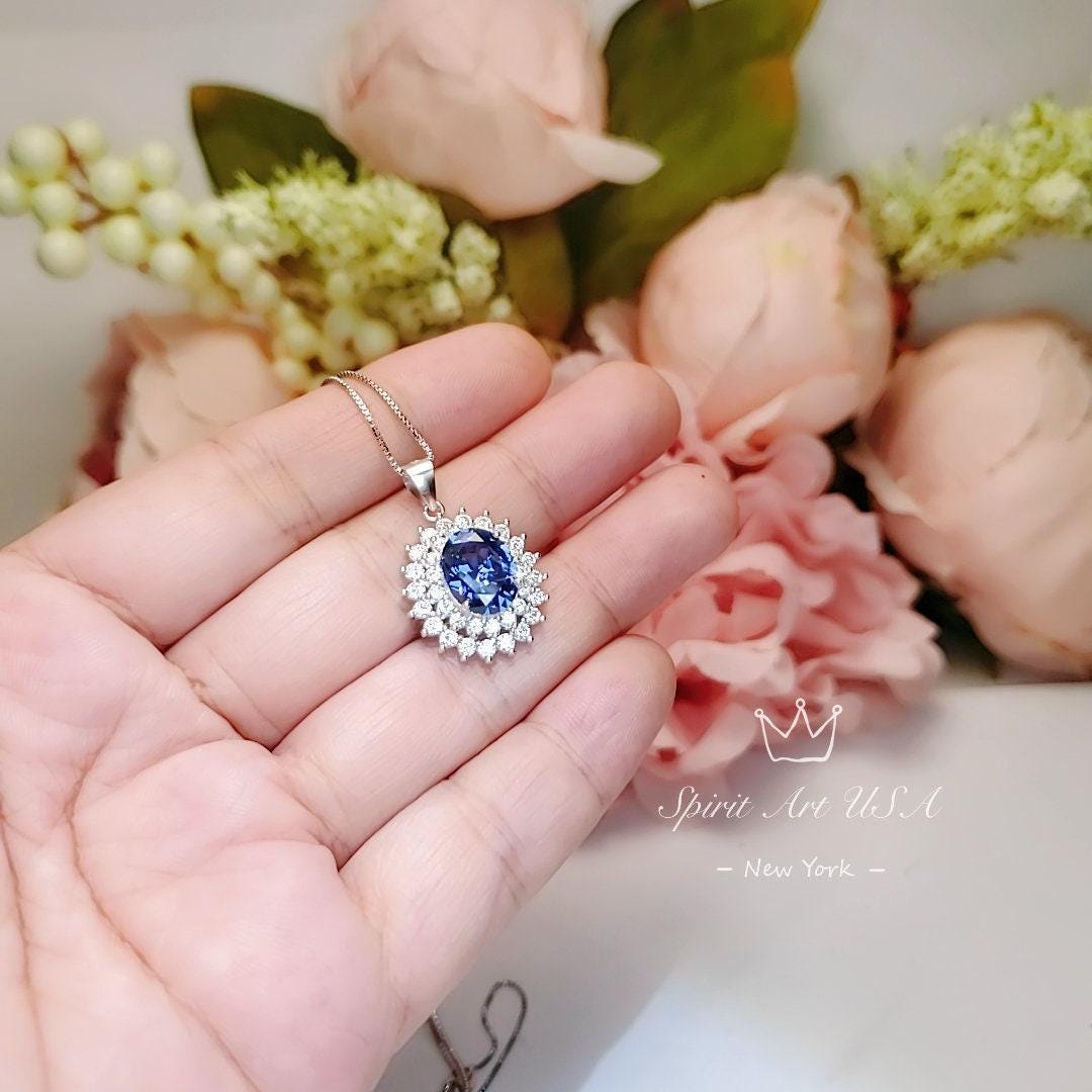 Large Tanzanite Necklace Double Layer Gemstone Halo 2.8 CT Tanzanite Pendant Sterling Silver White Gold Plated Blue Gemstone #730