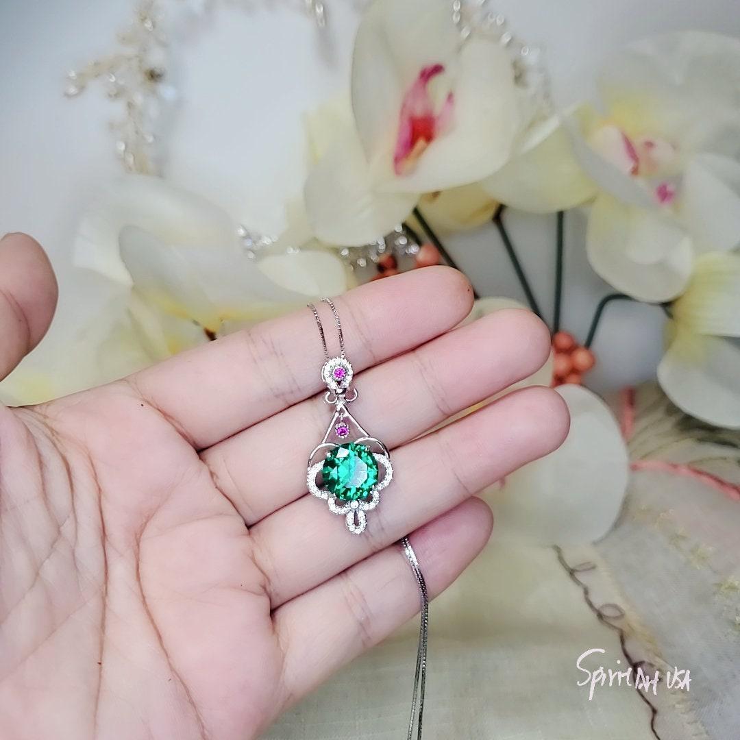 4 CT Emerald Necklace Sterling Silver Flower Tassel 10mm Round Green Gemstone Pendant Diamond White Gold Plated May Birthstone 1025