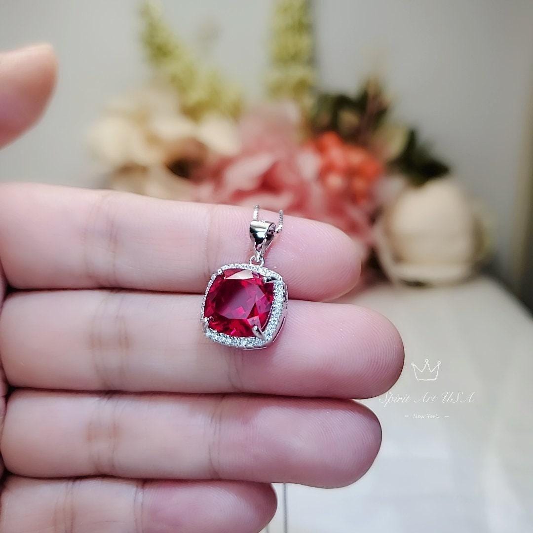 Large Ruby Necklace Sterling Silver 6 CT Square Gemstone Red Pendant 18k White Gold Plated July Birthstone #473