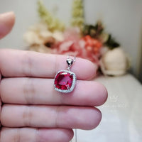 Large Ruby Necklace Sterling Silver 6 CT Square Gemstone Red Pendant 18k White Gold Plated July Birthstone #473
