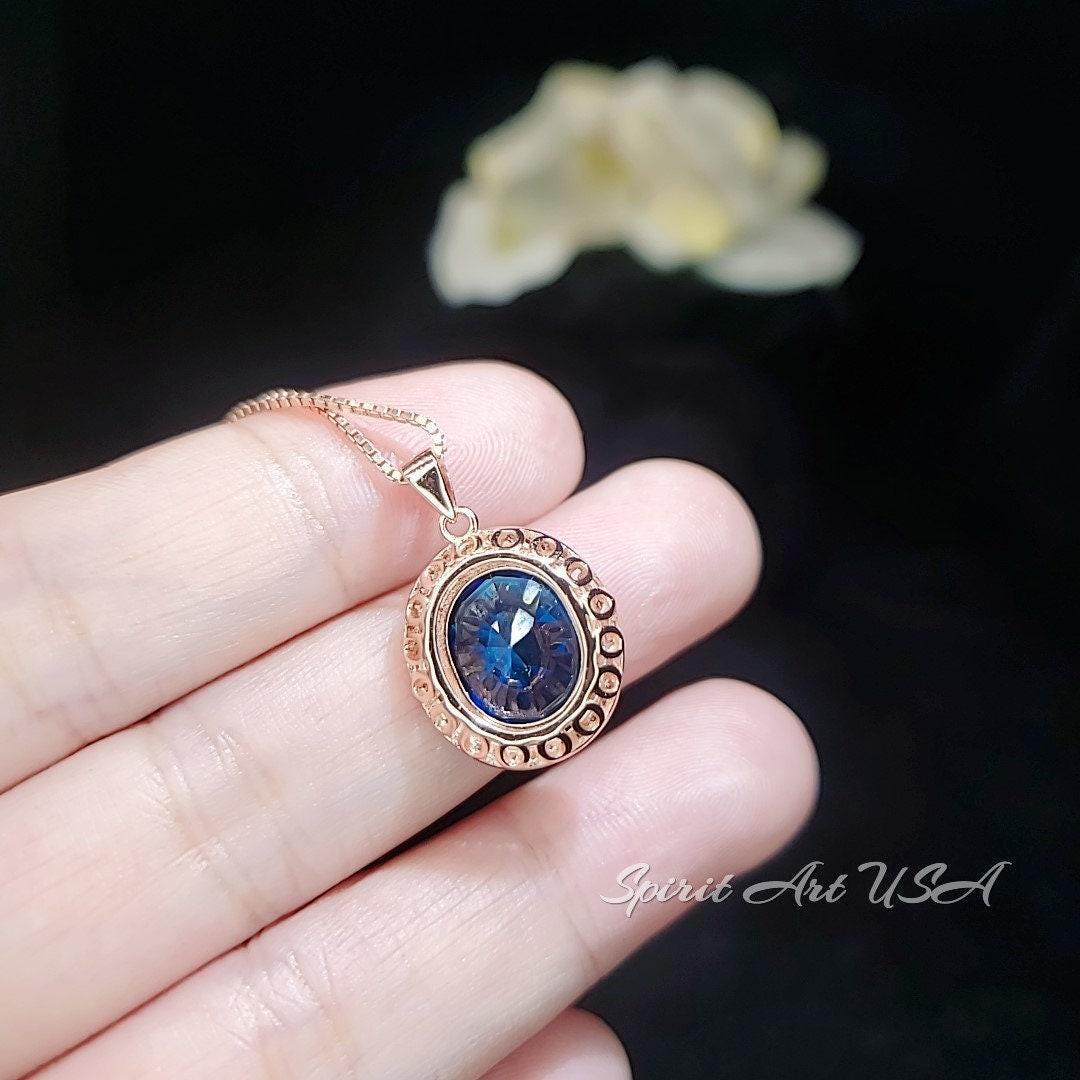 Rose Gold Blue Sapphire Necklace 4.5 CT Oval Royal Blue Gemstone Gemstone Halo Sterling Silver Pendant September Birthstone #745