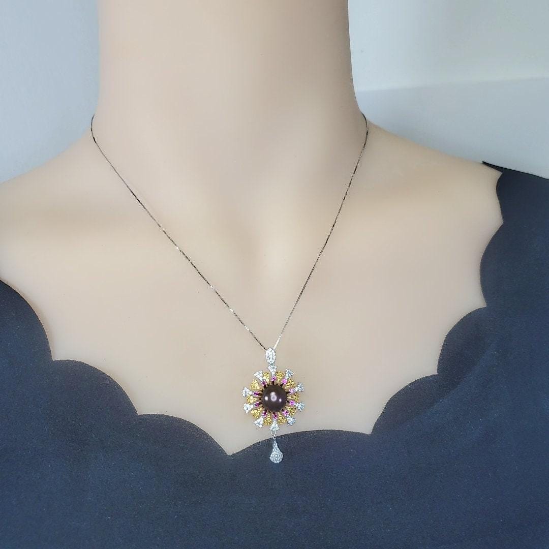 Black Pearl Necklace - 18KGP - Sterling Silver with Gold Sun Sunflower Style - Genuine Black Pearl Jewelry #742