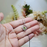 Tiny Geometric Square Peridot Necklace, Double Square, Genuine Natural Peridot Pendant Sterling Silver White Gold Plated #168