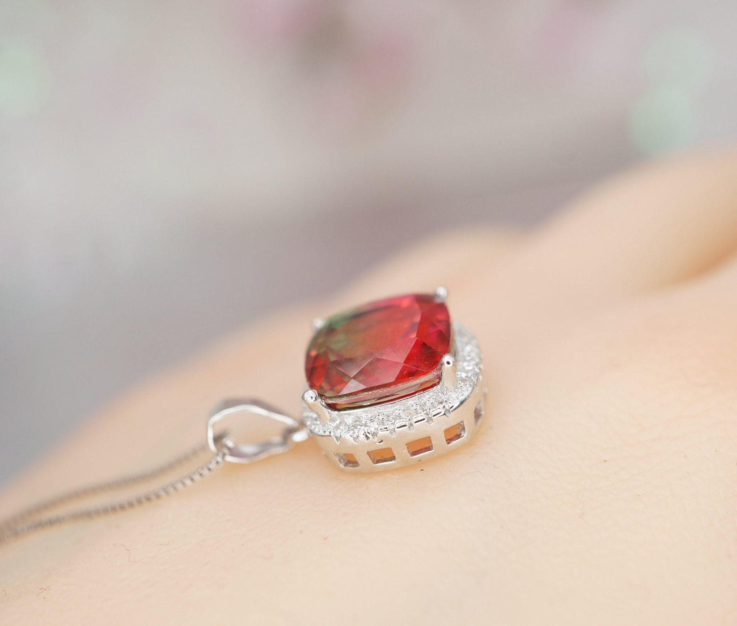 Watermelon Tourmaline Necklace - Sterling Silver Square Rainbow Red Tourmaline Pendant 1081