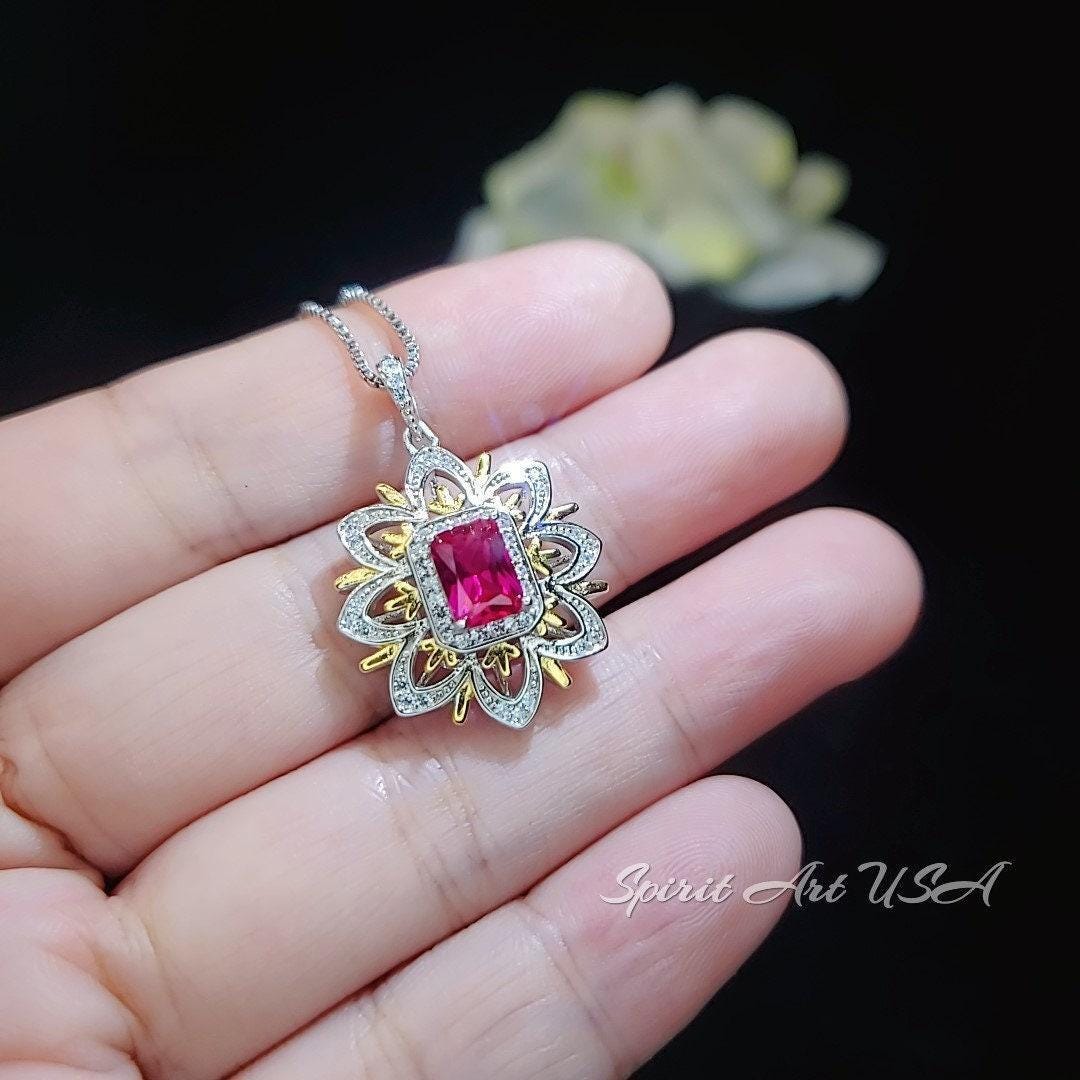 Ruby Necklace -Water Lily Flower Pendant - White Plated Sterling Silver - 1 CT Ruby Pendant - Goddess Athena Necklace #560