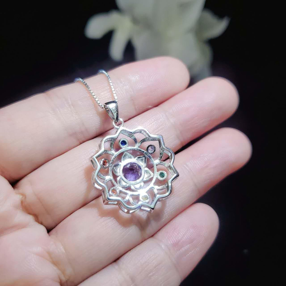 Amethyst Necklace - 7 Chakra Pendant - 18KG @ Sterling Silver - Genuine Natural Amethyst Jewelry - Flower Of Life Yoga Necklace #464