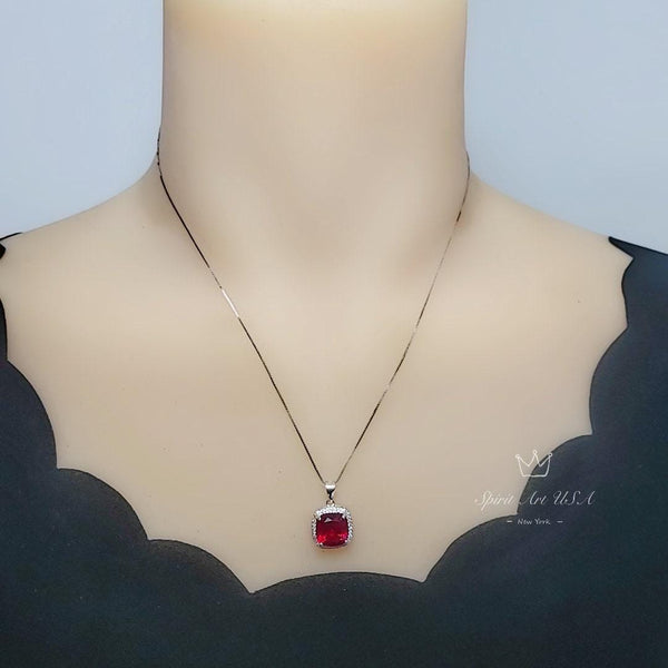 Large Ruby Necklace Sterling Silver CT Square Diamond Red