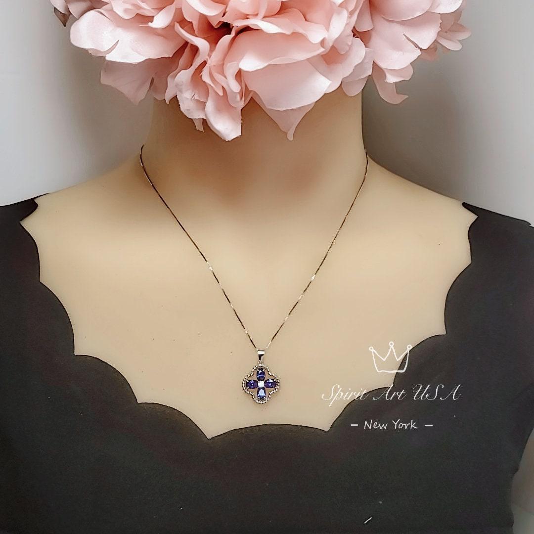 Tanzanite Necklace - Sterling Silver Four leaf Clover Necklace - December Birthstone - Blue Purple Tanzanite Jewelry #246