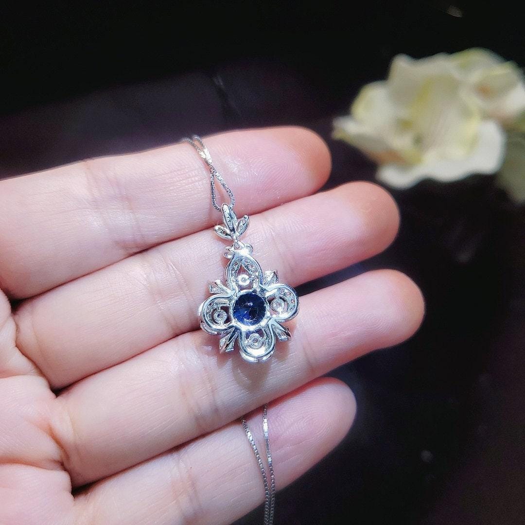 Blue Sapphire Necklace Gemstone Flower Style - 6mm Round Blue Sapphire Pendant - 18KGP @ Sterling Silver - September Birthstone #600