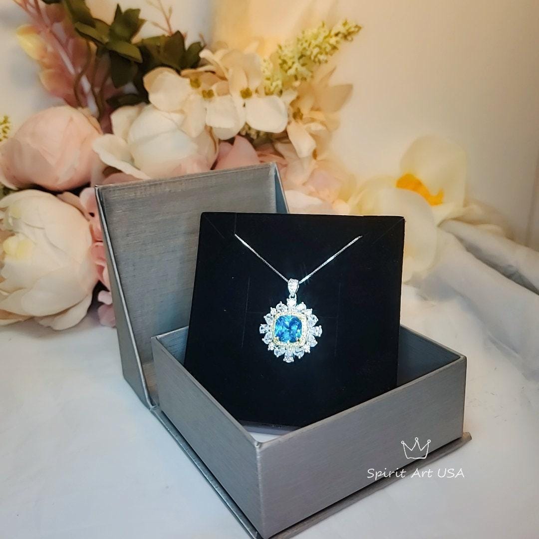 Blue Topaz Necklace 18kgp @ Sterling Silver Large Square Radiant Cut Halo 7 CT Blue Topaz Gemstone Pendant November Birthstone #808