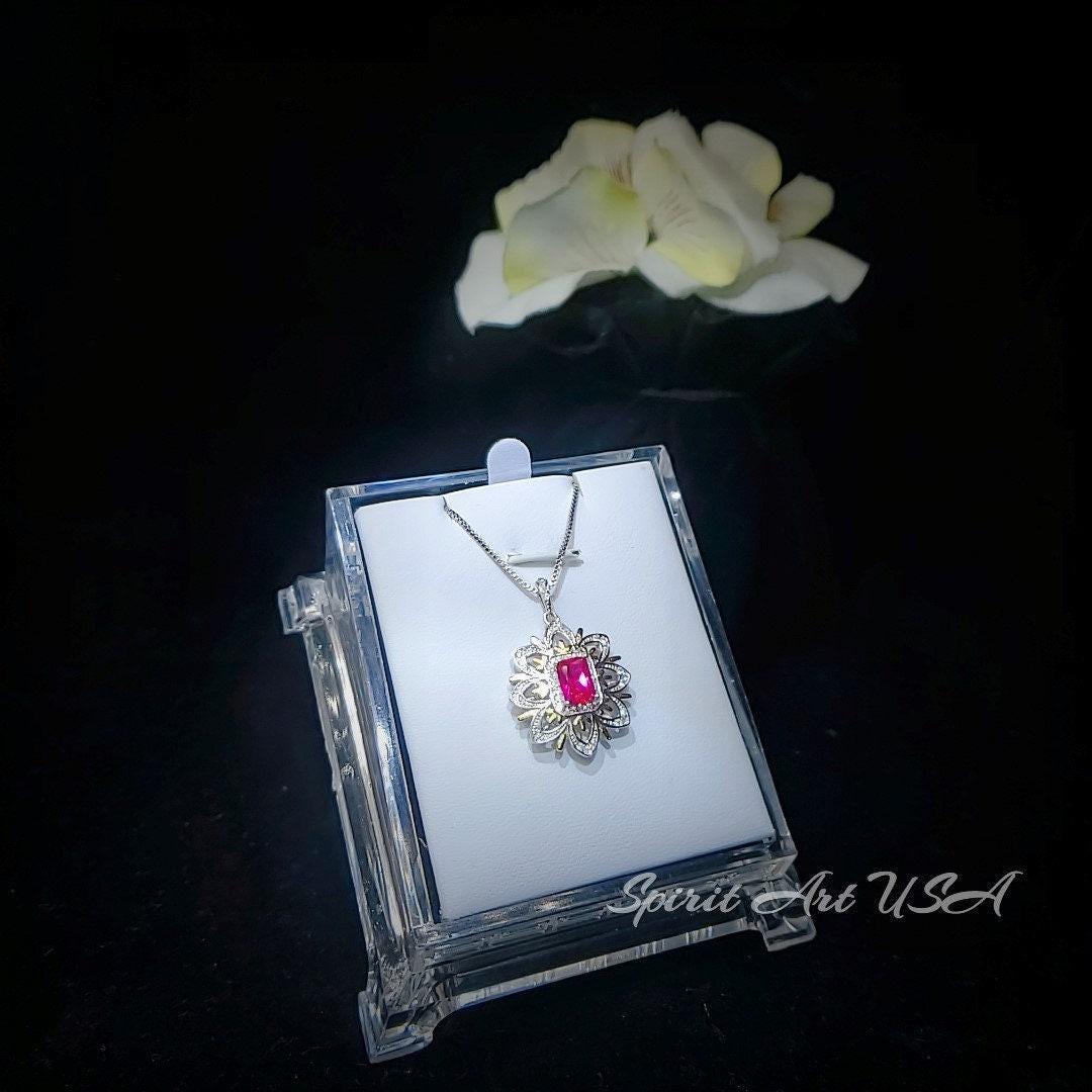 Ruby Necklace -Water Lily Flower Pendant - White Plated Sterling Silver - 1 CT Ruby Pendant - Goddess Athena Necklace #560