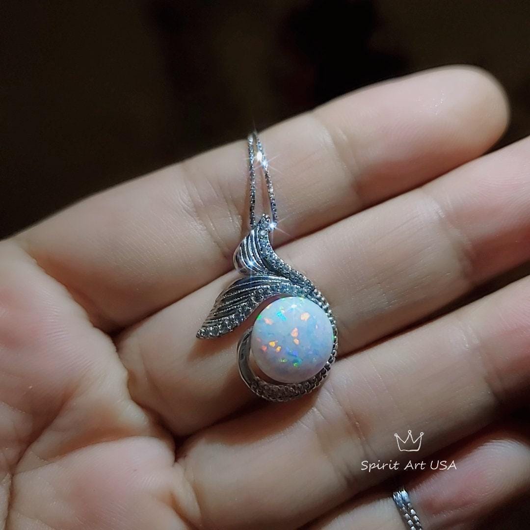 Gemstone Mermaid White Opal Necklace Sterling Silver White Gold Fish Tail Opal Pendant #935
