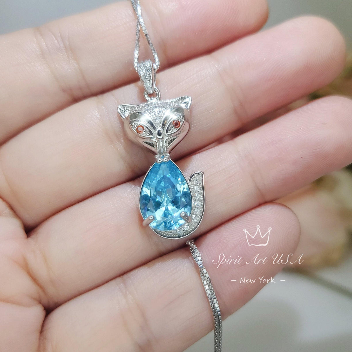 Aquamarine Necklace -Sterling Silver Fox Pendant - 2.5 CT Pendant Teardrop Pear Cut - Deep Sky Blue - Aquamarine Jewelry - 18KGP #442