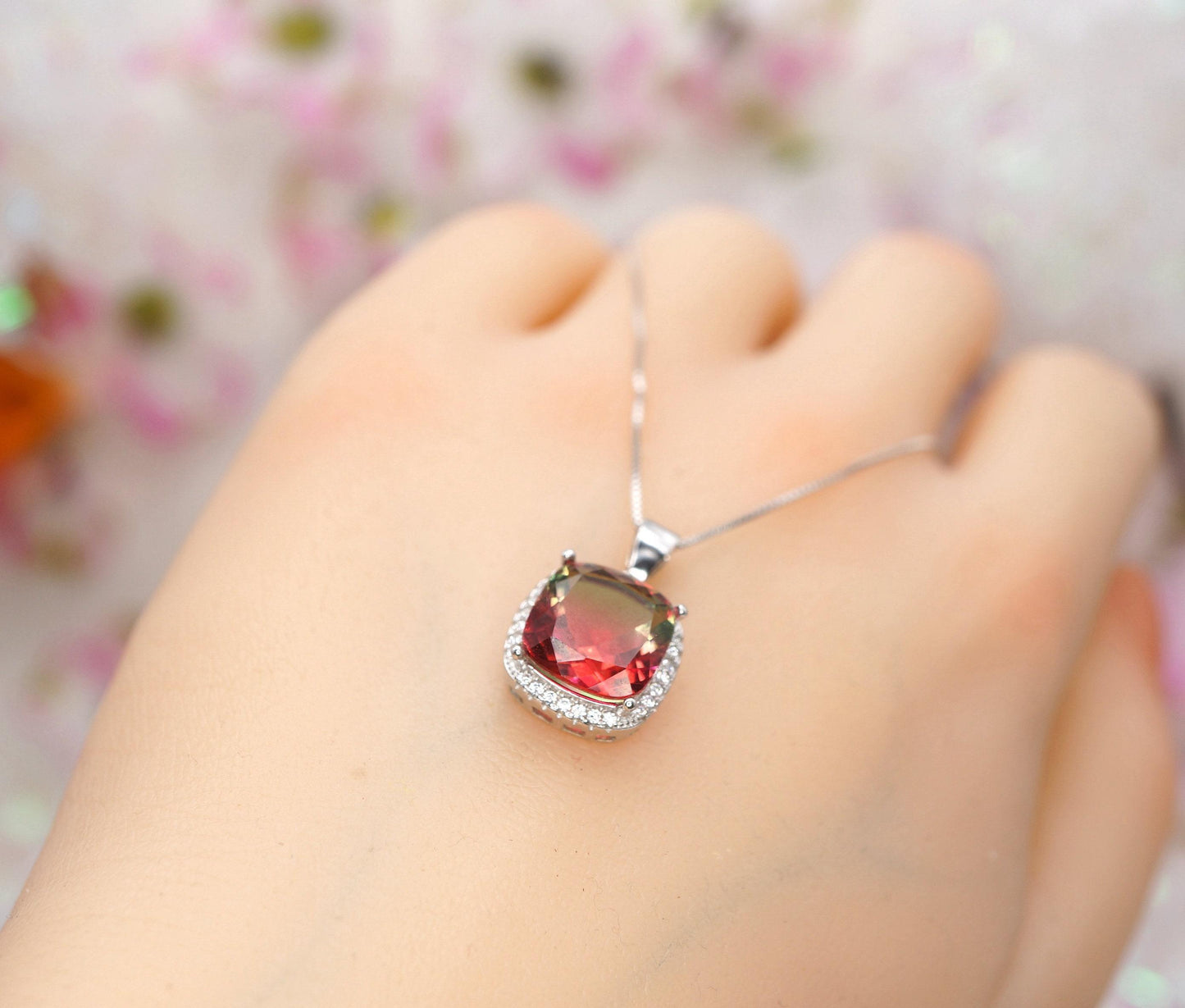 Watermelon Tourmaline Necklace - Sterling Silver Square Rainbow Red Tourmaline Pendant 1081