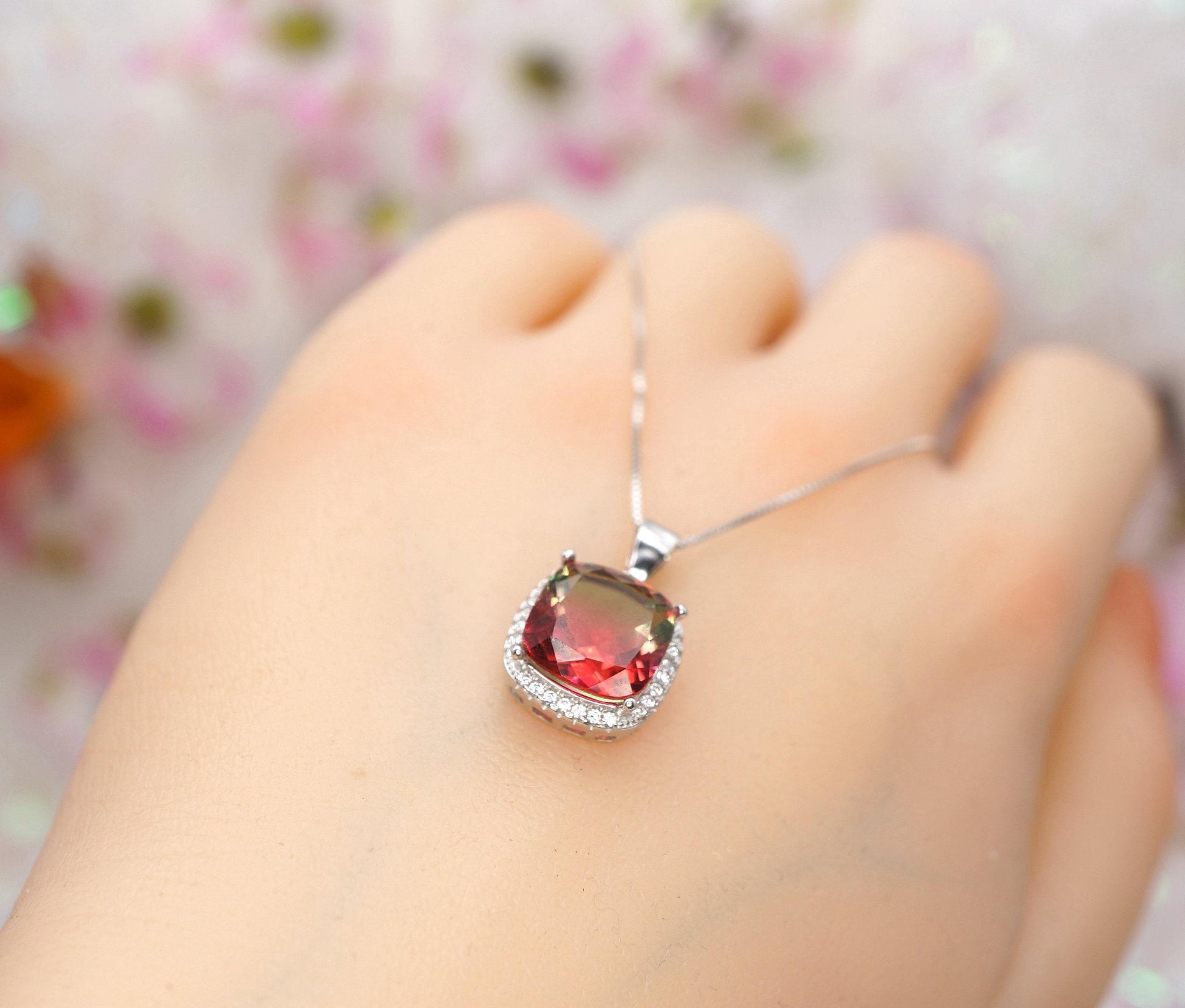 Watermelon Tourmaline Necklace - Sterling Silver Square Rainbow Red Tourmaline Pendant 1081