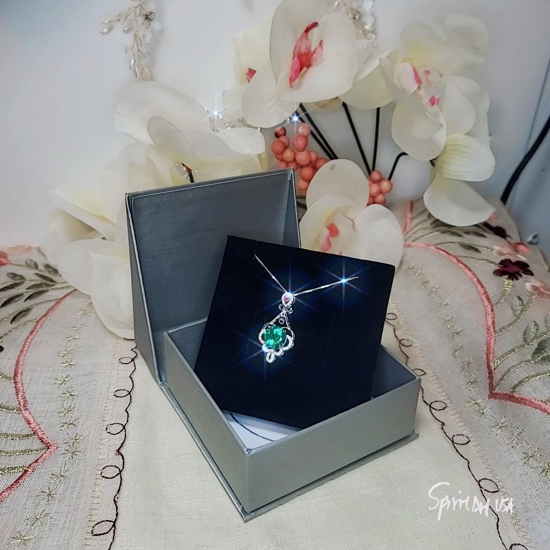 4 CT Emerald Necklace Sterling Silver Flower Tassel 10mm Round Green Gemstone Pendant Diamond White Gold Plated May Birthstone 1025