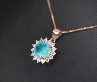 Blue Paraiba Tourmaline Necklace 8mm- Rose Gold Coated 925 Sterling Silver Princess Diana Style Hola Paraiba Pendant 085