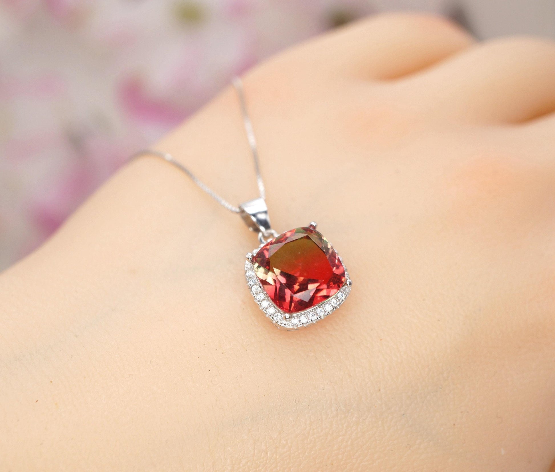 Watermelon Tourmaline Necklace - Sterling Silver Square Rainbow Red Tourmaline Pendant 1081