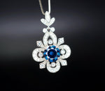 Blue Sapphire Necklace Gemstone Flower Style - 6mm Round Blue Sapphire Pendant - 18KGP @ Sterling Silver - September Birthstone #600