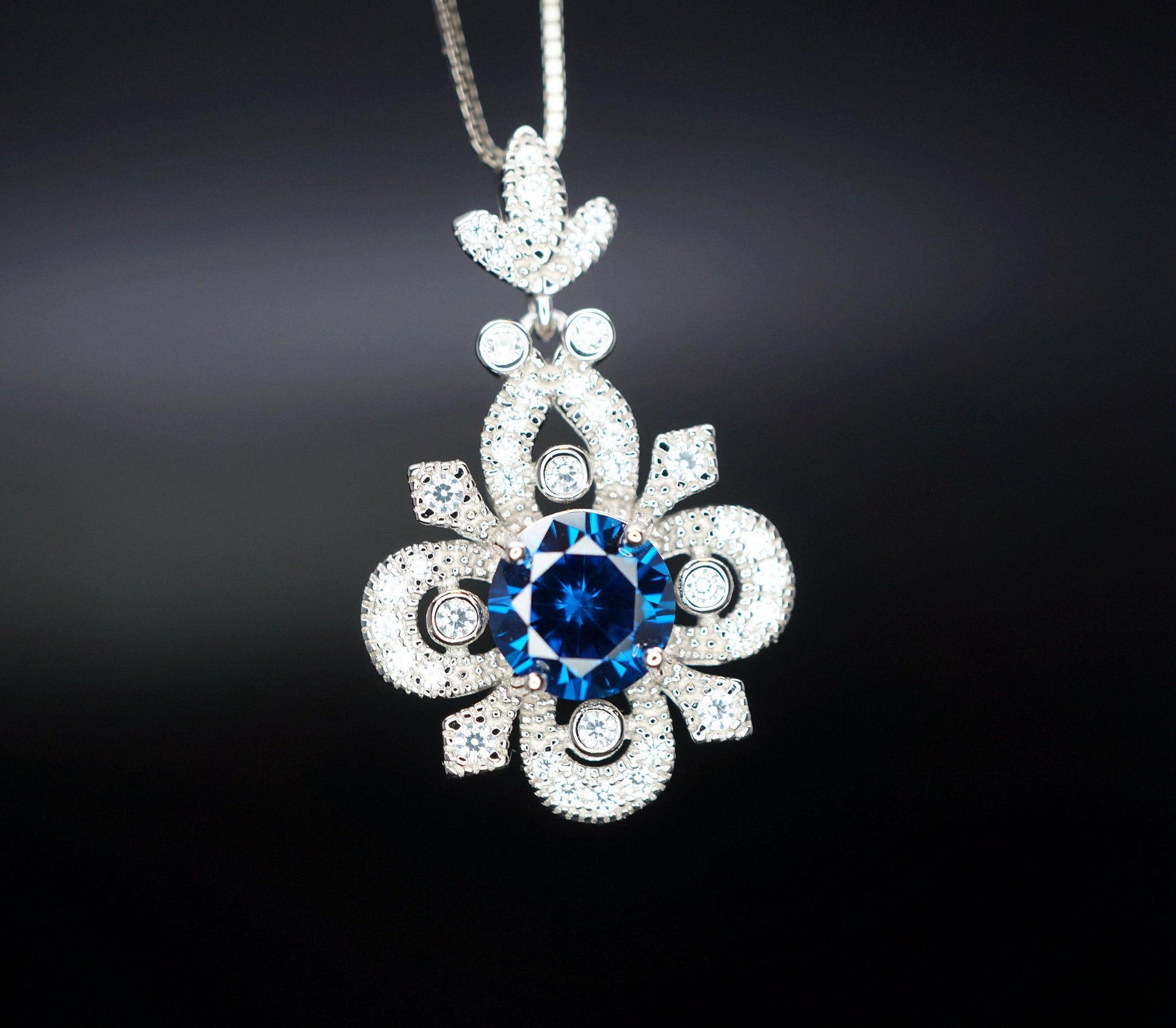 Blue Sapphire Necklace Gemstone Flower Style - 6mm Round Blue Sapphire Pendant - 18KGP @ Sterling Silver - September Birthstone #600