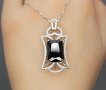 Large Black Cubic Zirconia Necklace - Sterling Silver Black Protective Gemstone Jewelry 18KGP Royal Flower Rectangle CZ Pendant 1028