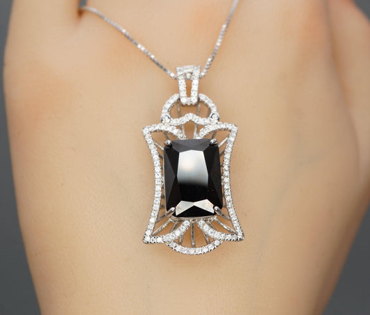 Large Black Cubic Zirconia Necklace - Sterling Silver Black Protective Gemstone Jewelry 18KGP Royal Flower Rectangle CZ Pendant 1028