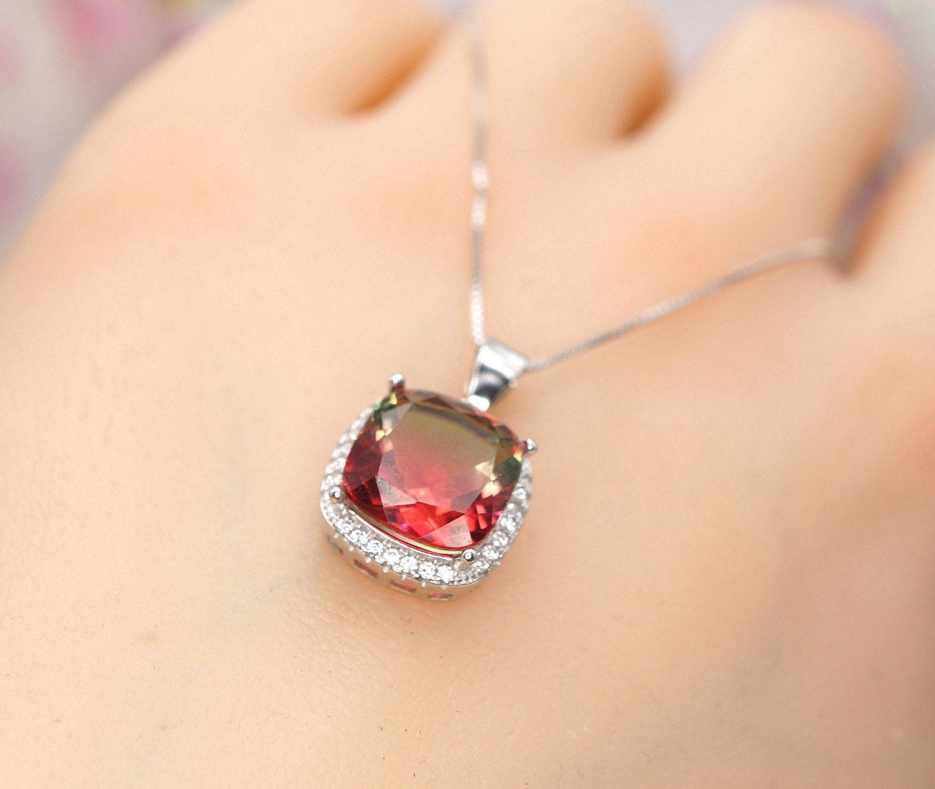 Watermelon Tourmaline Necklace - Sterling Silver Square Rainbow Red Tourmaline Pendant 1081