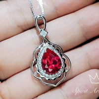 Large Ruby Necklace - Sterling Silver Teardrop Solitaire Gemstone Flower Petal Pear Ruby Pendant - Flower Feather Style #715