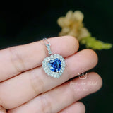 Blue Sapphire Heart Necklace - Double Halo Gemstone Sapphire Pendant - Sterling Silver White Gold Plated 1.8 CT Blue Gemstone Jewelry #389