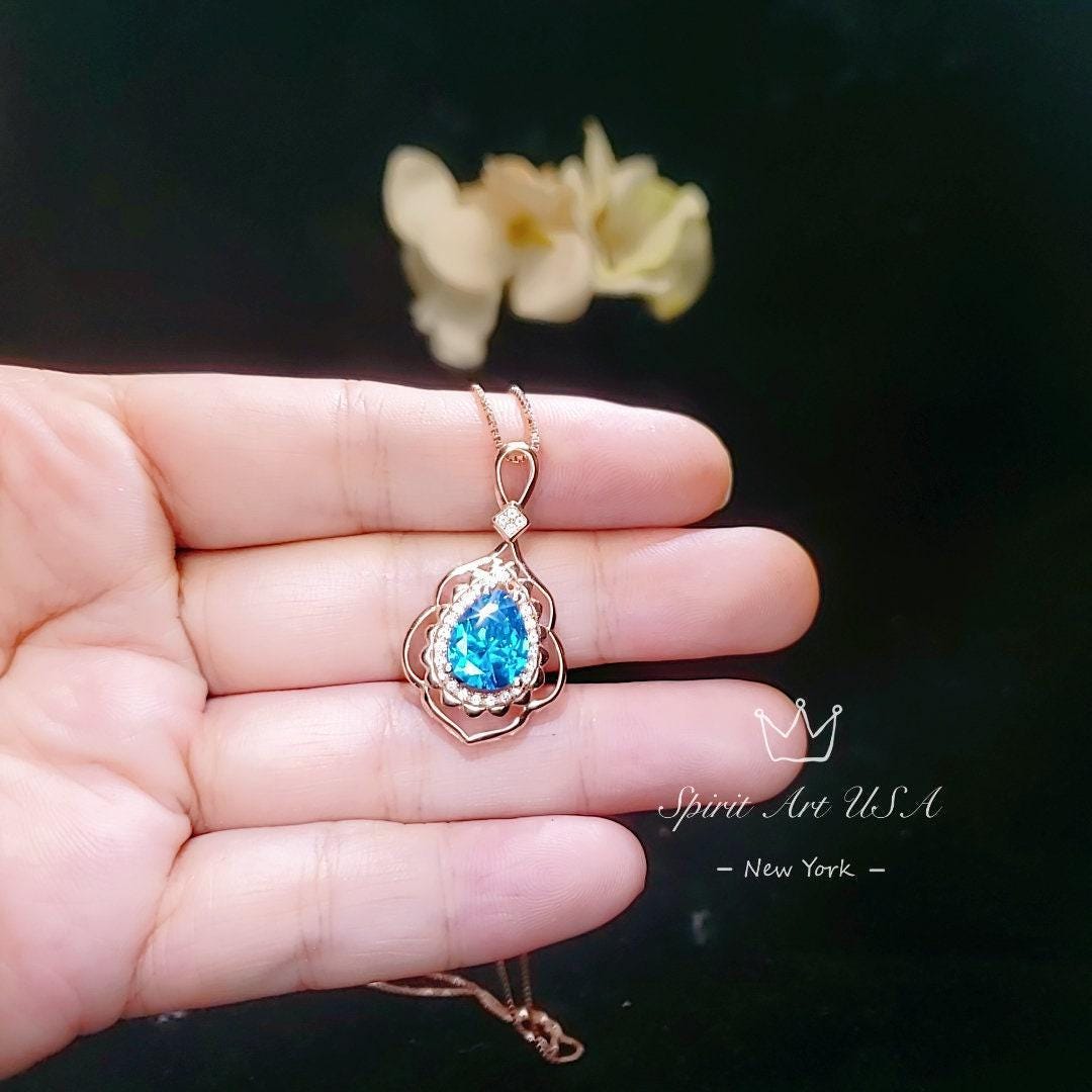 Teardrop Swiss Blue Topaz Necklace - Rose Gold coated Sterling Silver December Birthstone - 3 ct Blue Topaz Necklace #719