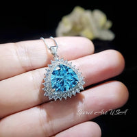 Large Trillion Cut Aquamarine Necklace - Brilliant Double Gemstone Halo 10CT Blue Aquamarine Pendant - 18kgp @ Sterling Silver #754
