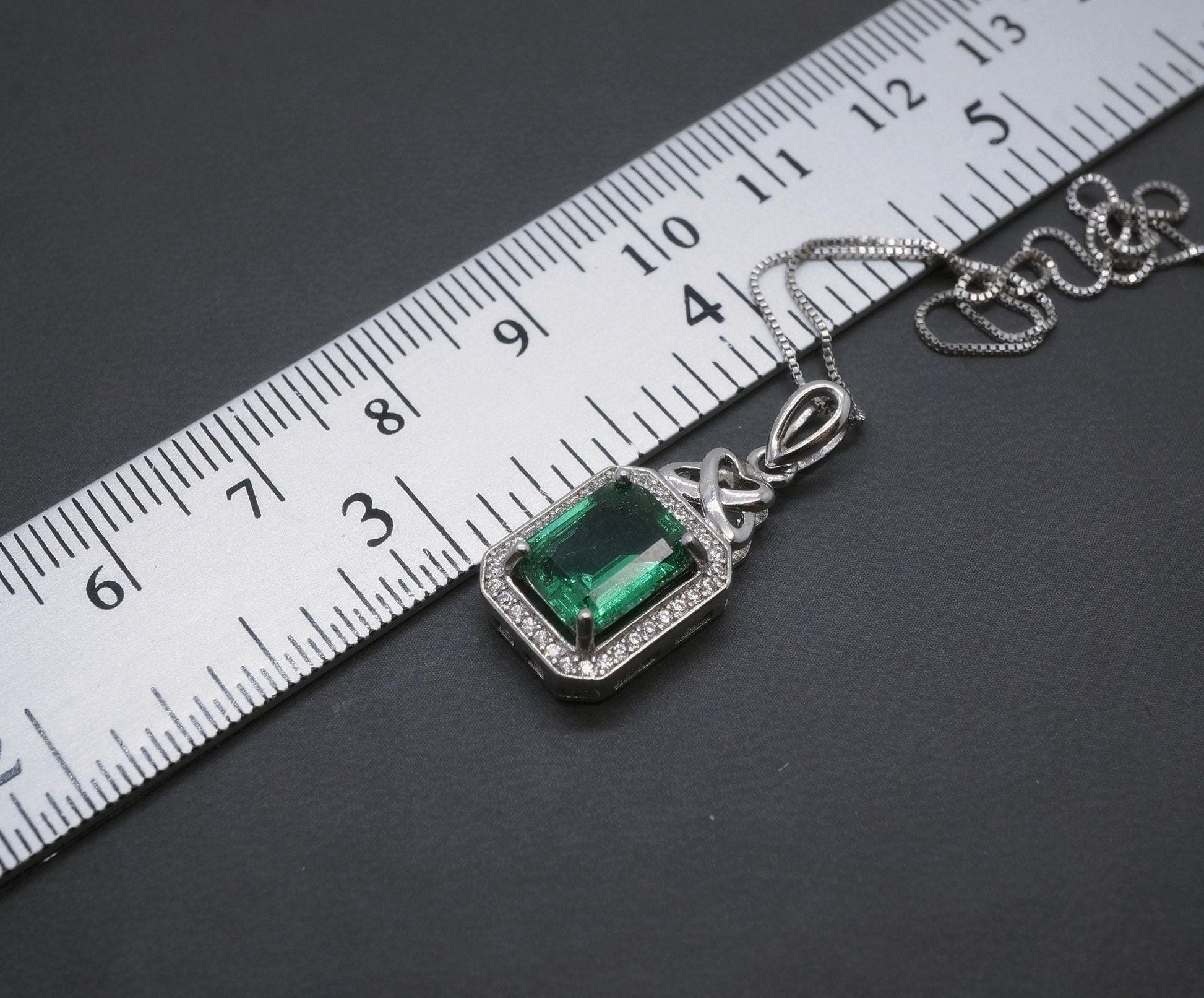 Emerald Necklace - Rectangle Gemstone Sterling Silver 3.5 CT Green Gemstone Pendant White Gold Plated #324